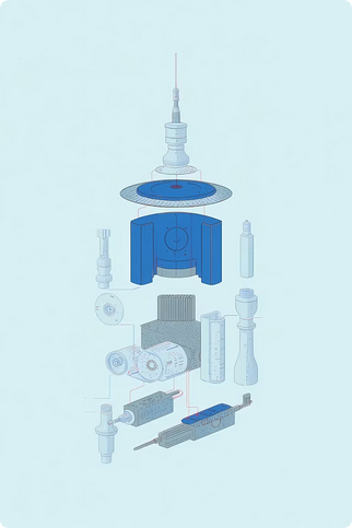 An exploded view of an interconnected mechanism — the parts of an implementation working together toward one end state